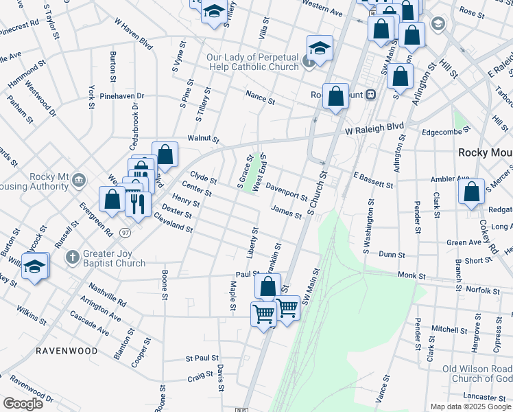 map of restaurants, bars, coffee shops, grocery stores, and more near 400 Center Street in Rocky Mount