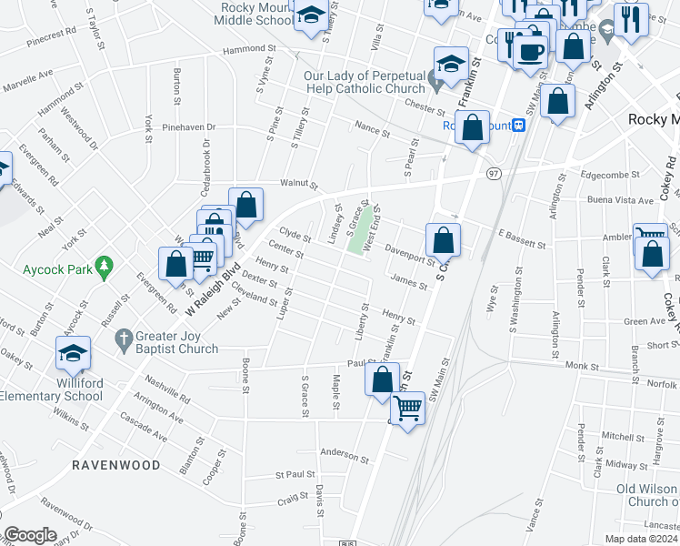 map of restaurants, bars, coffee shops, grocery stores, and more near 433 Center Street in Rocky Mount