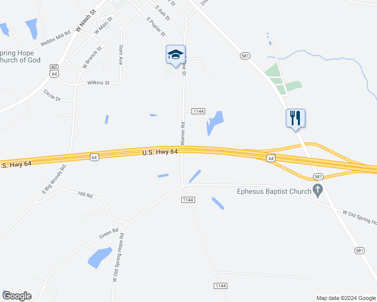 map of restaurants, bars, coffee shops, grocery stores, and more near U.S. Highway 64 in Spring Hope