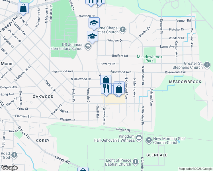 map of restaurants, bars, coffee shops, grocery stores, and more near 301 North Fairview Road in Rocky Mount