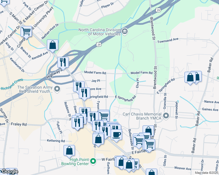 map of restaurants, bars, coffee shops, grocery stores, and more near 304 Jay Place in High Point