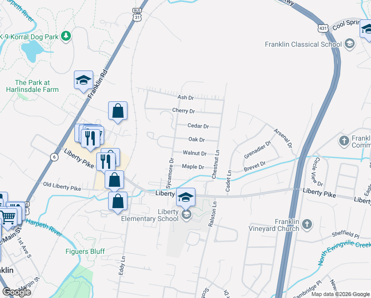 map of restaurants, bars, coffee shops, grocery stores, and more near 218 Walnut Drive in Franklin