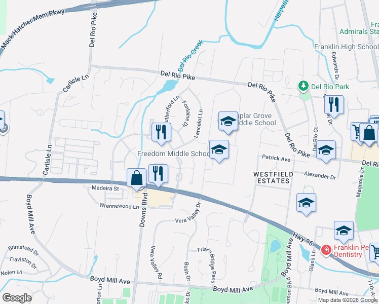 map of restaurants, bars, coffee shops, grocery stores, and more near 323 Devonshire Drive in Franklin