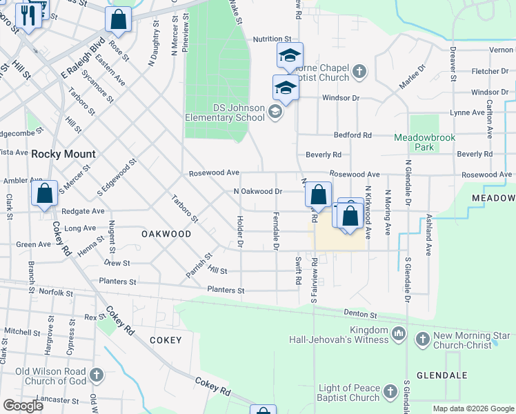 map of restaurants, bars, coffee shops, grocery stores, and more near 1314 Eastern Avenue in Rocky Mount