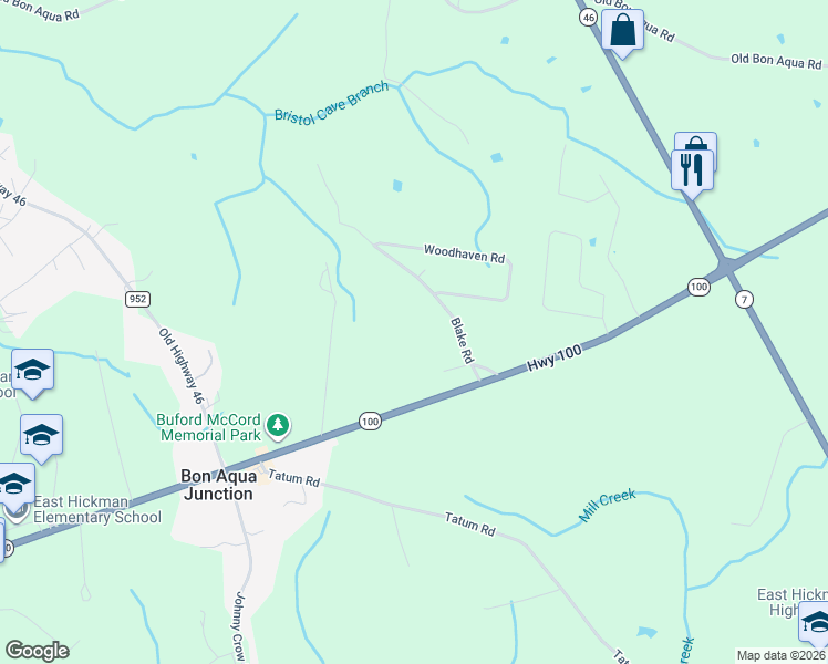 map of restaurants, bars, coffee shops, grocery stores, and more near 1133 Blake Road in Lyles