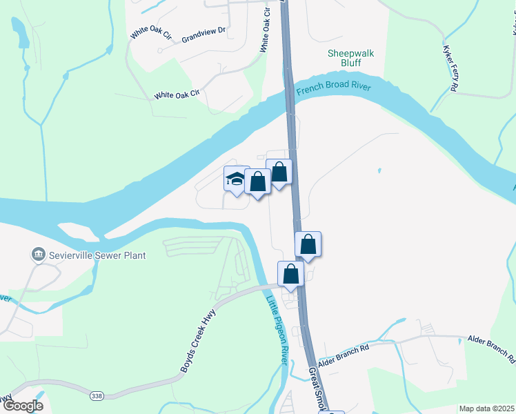 map of restaurants, bars, coffee shops, grocery stores, and more near 2411 Bussiness Center Circle in Sevierville