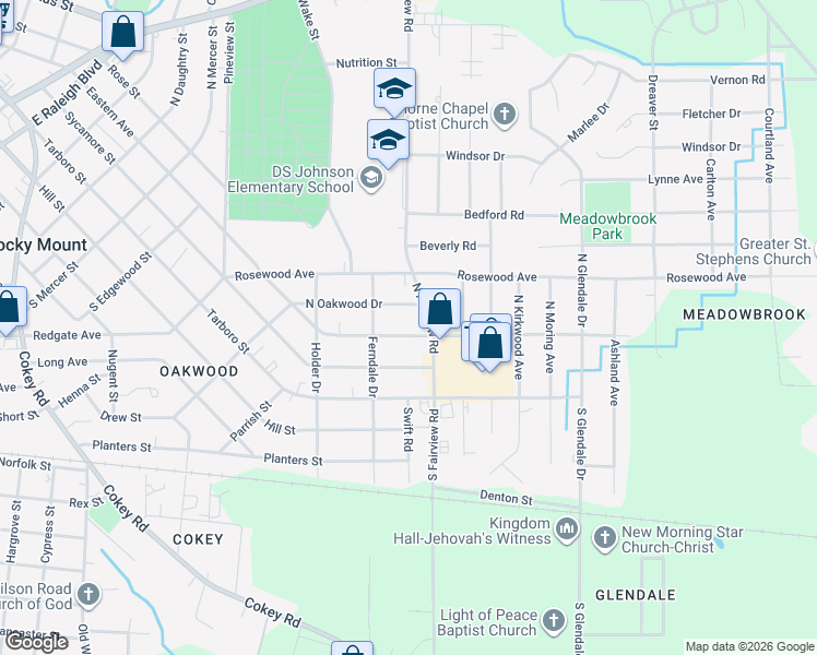 map of restaurants, bars, coffee shops, grocery stores, and more near 301 North Fairview Road in Rocky Mount