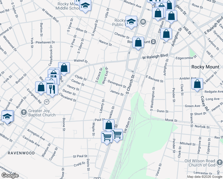map of restaurants, bars, coffee shops, grocery stores, and more near 917 Belvedere Street in Rocky Mount