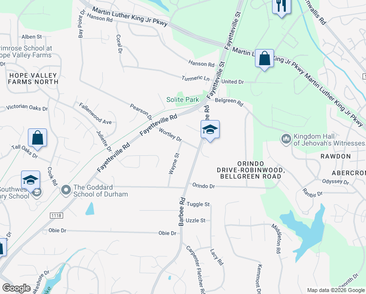 map of restaurants, bars, coffee shops, grocery stores, and more near 800 Wortley Drive in Durham