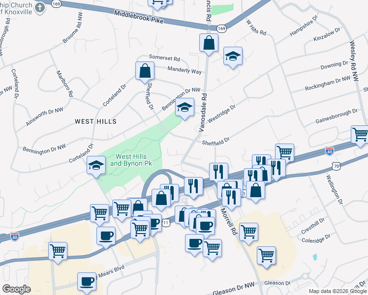 map of restaurants, bars, coffee shops, grocery stores, and more near 327 Vanosdale Road in Knoxville