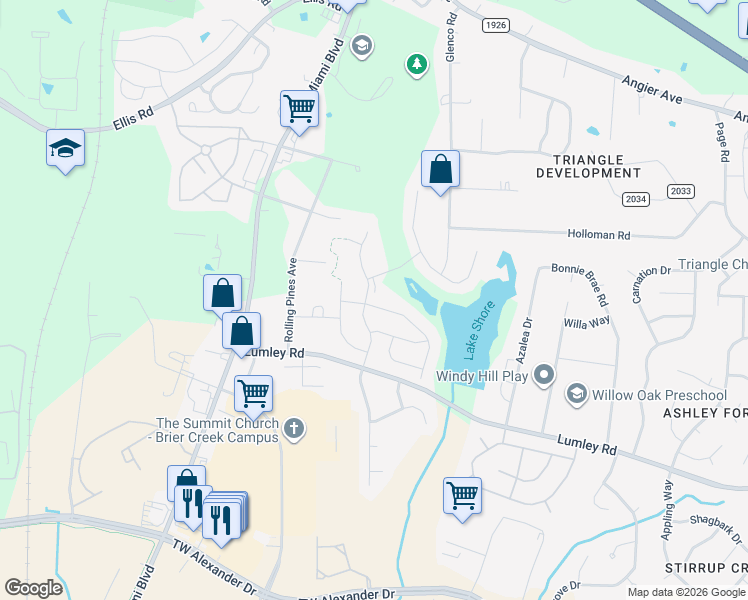 map of restaurants, bars, coffee shops, grocery stores, and more near 6111 Lakefront Street in Durham