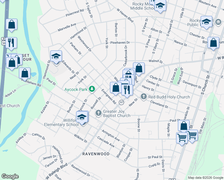 map of restaurants, bars, coffee shops, grocery stores, and more near 1220 Parham St in Rocky Mt