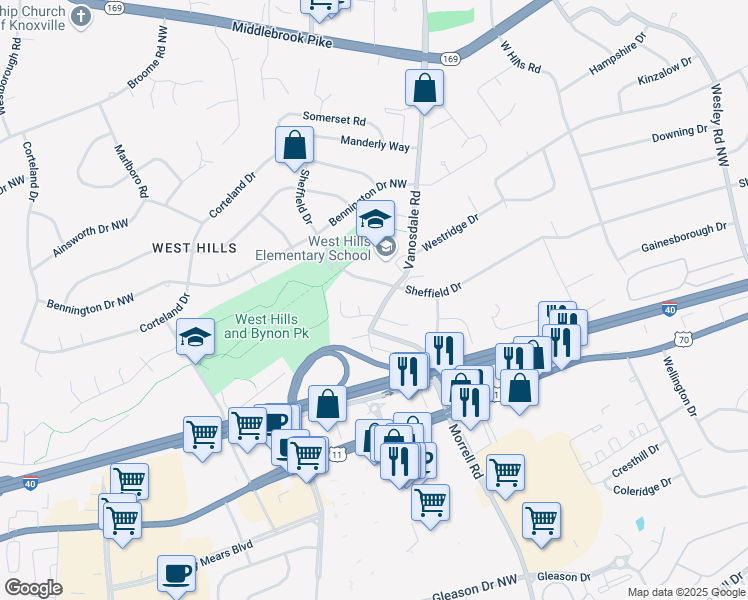 map of restaurants, bars, coffee shops, grocery stores, and more near 327 Vanosdale Road in Knoxville