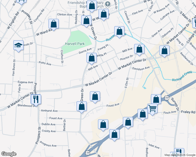 map of restaurants, bars, coffee shops, grocery stores, and more near 1620 Connor Place in High Point