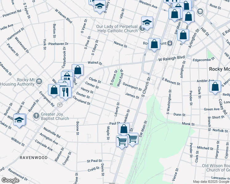 map of restaurants, bars, coffee shops, grocery stores, and more near 430 Center Street in Rocky Mount