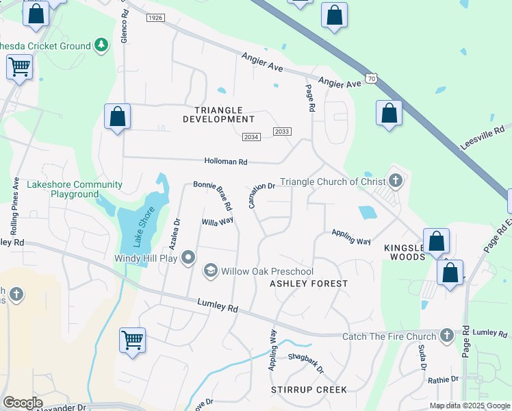 map of restaurants, bars, coffee shops, grocery stores, and more near 1907 Carnation Drive in Durham