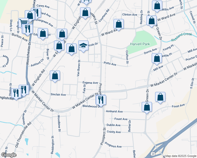 map of restaurants, bars, coffee shops, grocery stores, and more near 804 Prospect Street in High Point
