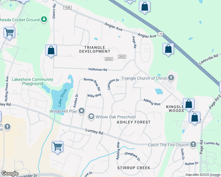 map of restaurants, bars, coffee shops, grocery stores, and more near 1907 Carnation Drive in Durham