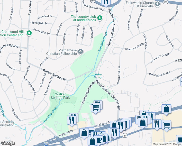 map of restaurants, bars, coffee shops, grocery stores, and more near 609 Walker Springs Road in Knoxville