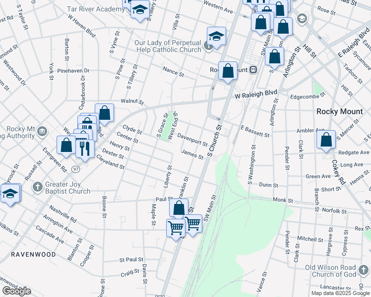 map of restaurants, bars, coffee shops, grocery stores, and more near 917 Belvedere Street in Rocky Mount