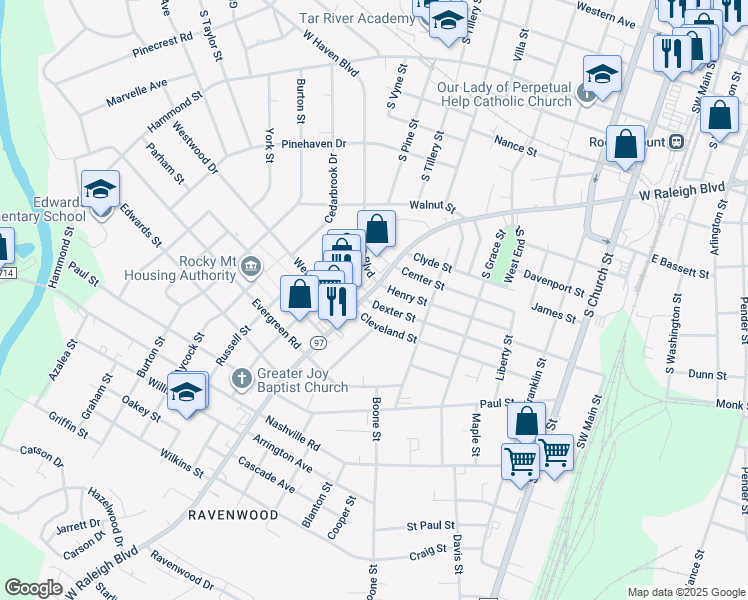 map of restaurants, bars, coffee shops, grocery stores, and more near 813 West Raleigh Boulevard in Rocky Mount