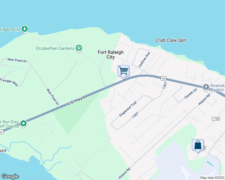 map of restaurants, bars, coffee shops, grocery stores, and more near 101 Madeline Drive in Manteo