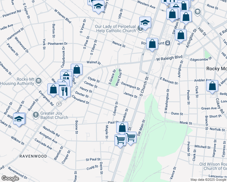 map of restaurants, bars, coffee shops, grocery stores, and more near 430 Center Street in Rocky Mount