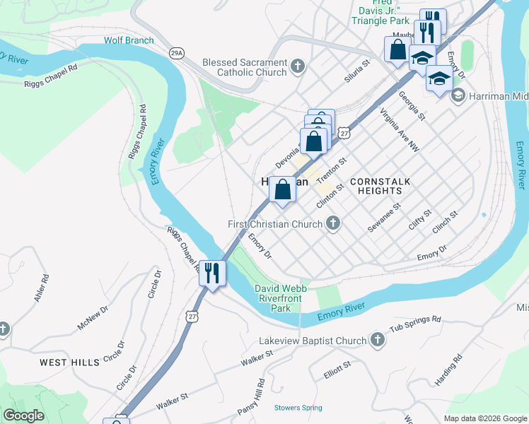 map of restaurants, bars, coffee shops, grocery stores, and more near 114 N Roane St in Harriman