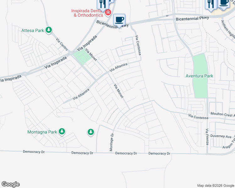 map of restaurants, bars, coffee shops, grocery stores, and more near 2645 Via Monet in Henderson