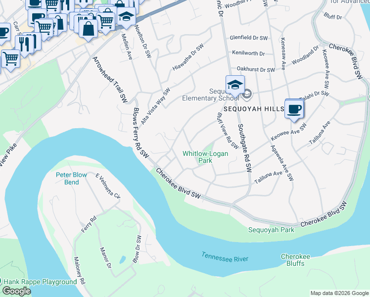 map of restaurants, bars, coffee shops, grocery stores, and more near 1001 Cedarhill Rd in Knoxville
