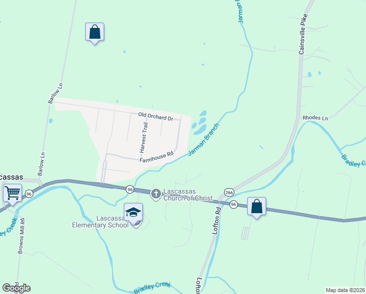 map of restaurants, bars, coffee shops, grocery stores, and more near 1136 Farmhouse Road in Lascassas