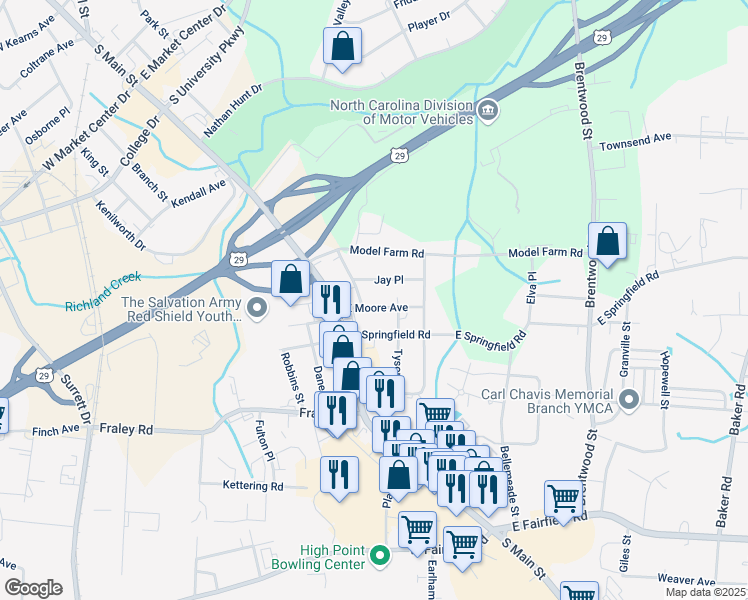 map of restaurants, bars, coffee shops, grocery stores, and more near 205 East Moore Avenue in High Point