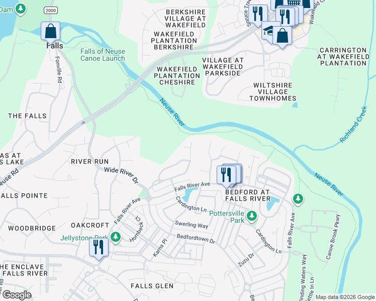 map of restaurants, bars, coffee shops, grocery stores, and more near 3605 Strolling Court in Raleigh