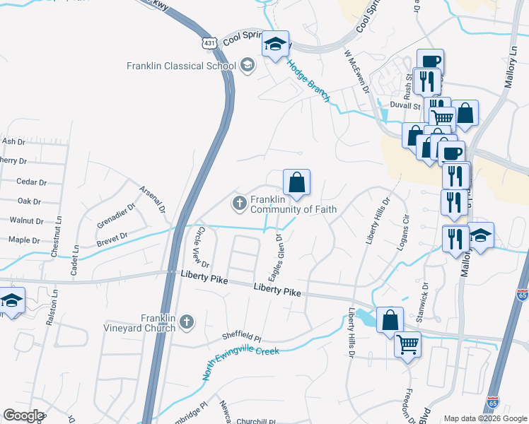 map of restaurants, bars, coffee shops, grocery stores, and more near 513 Foxcroft Circle in Franklin