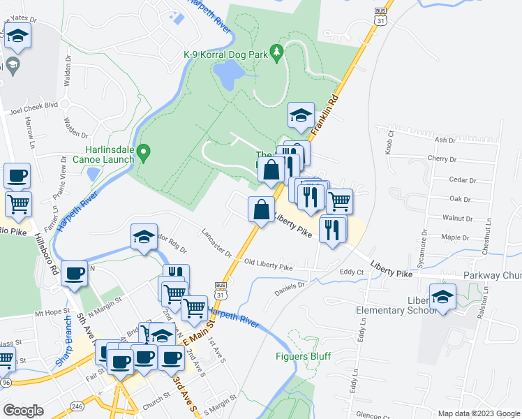 map of restaurants, bars, coffee shops, grocery stores, and more near 109 Winslow Road in Franklin