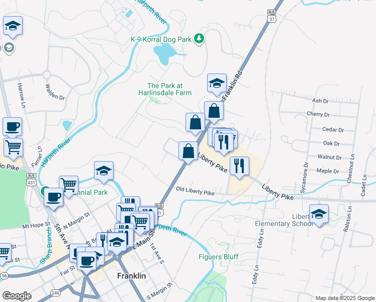map of restaurants, bars, coffee shops, grocery stores, and more near 109 Winslow Road in Franklin