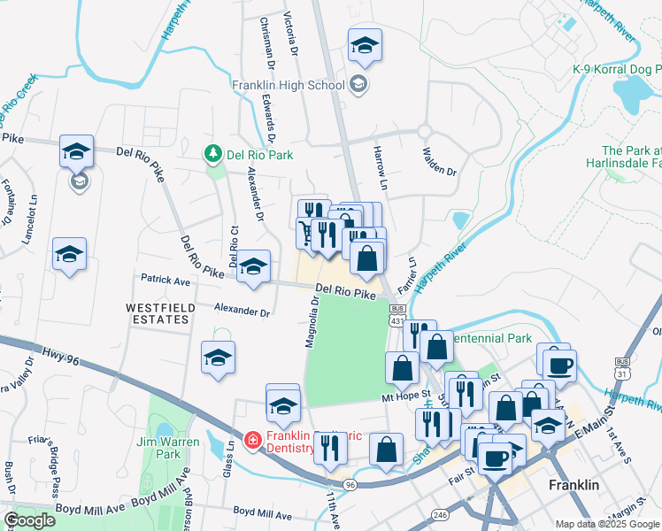 map of restaurants, bars, coffee shops, grocery stores, and more near 3053 Hillsboro Road in Franklin