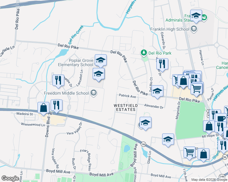 map of restaurants, bars, coffee shops, grocery stores, and more near 216 Oxford Drive in Franklin