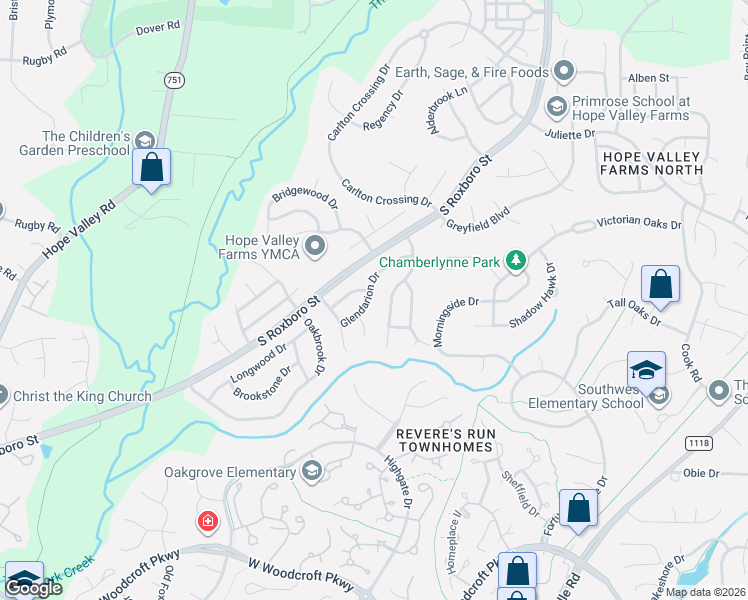 map of restaurants, bars, coffee shops, grocery stores, and more near 4903 Glendarion Drive in Durham