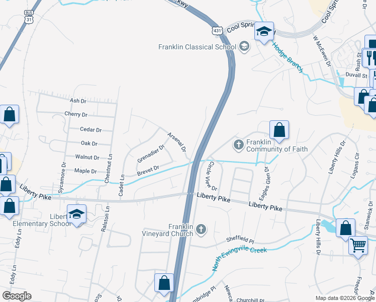 map of restaurants, bars, coffee shops, grocery stores, and more near 153 Arsenal Drive in Franklin