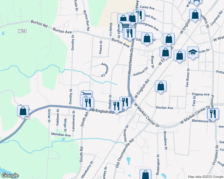 map of restaurants, bars, coffee shops, grocery stores, and more near 210 Hodgin Street in High Point