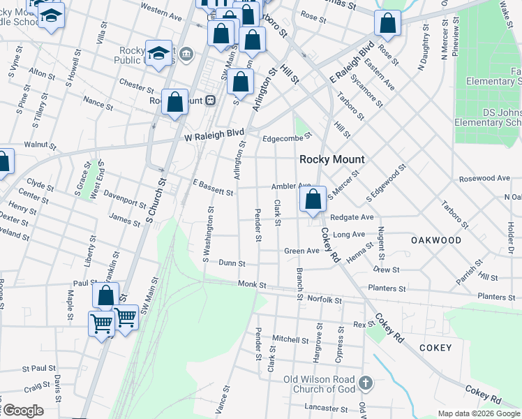 map of restaurants, bars, coffee shops, grocery stores, and more near 731 Pender Street in Rocky Mount