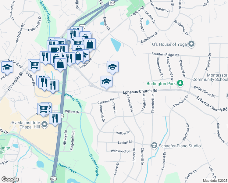 map of restaurants, bars, coffee shops, grocery stores, and more near 1477 Ephesus Church Road in Chapel Hill