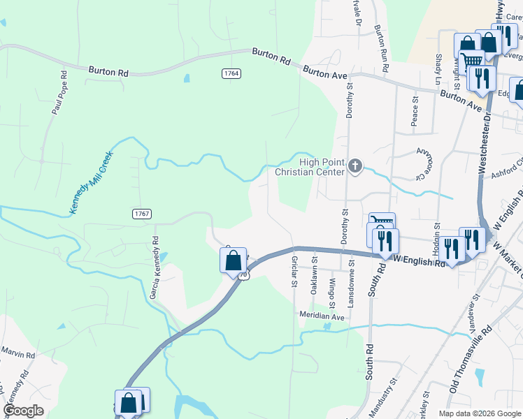map of restaurants, bars, coffee shops, grocery stores, and more near 261 Sunset Drive in Thomasville