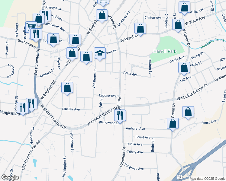 map of restaurants, bars, coffee shops, grocery stores, and more near 105 Chase Avenue in High Point
