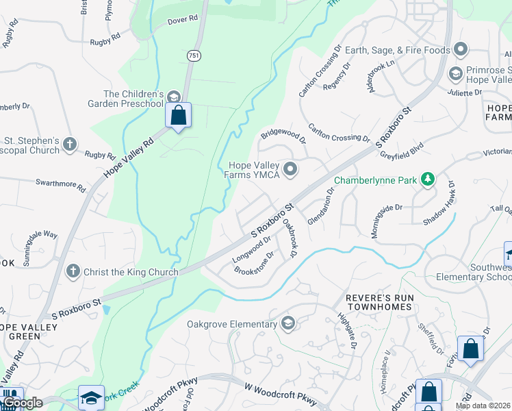 map of restaurants, bars, coffee shops, grocery stores, and more near 5107 Starcross Ln in Durham