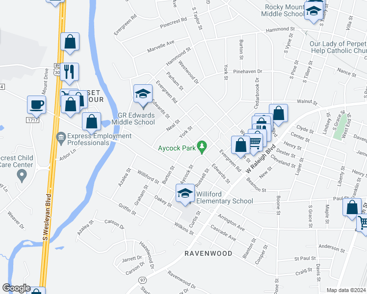 map of restaurants, bars, coffee shops, grocery stores, and more near 1217 York Street in Rocky Mount