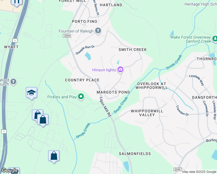 map of restaurants, bars, coffee shops, grocery stores, and more near 9504 Dumas Court in Wake Forest
