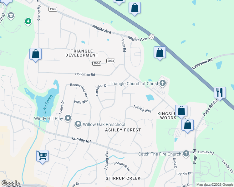 map of restaurants, bars, coffee shops, grocery stores, and more near 2407 Oleander Drive in Durham