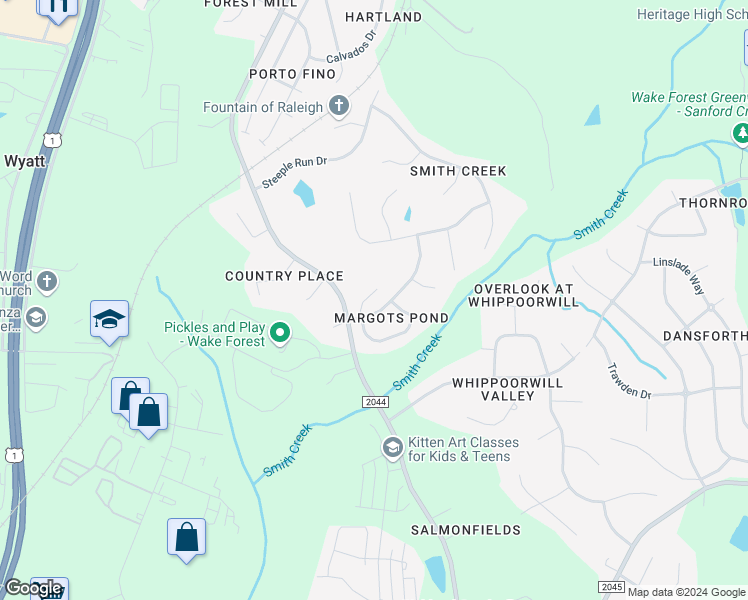 map of restaurants, bars, coffee shops, grocery stores, and more near 9504 Dumas Court in Wake Forest